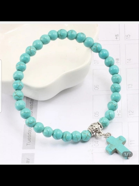 Jewelry - Turquoise Bead Stretch Bracelet with Cross Charm - 7.8 Inches